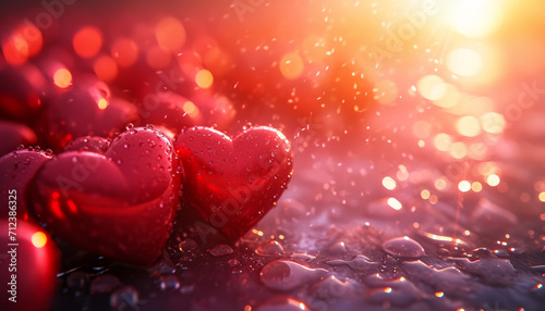 Close-up of shiny red hearts with water droplets, emphasizing love and romance and St valentine, AI generated