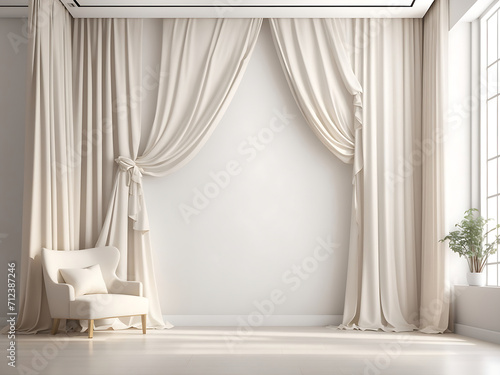 White ivory empty wall in a room with silk curtain drapes. Mockup Template for product presentation. Living, gallery, studio, office concept. 3D rendering