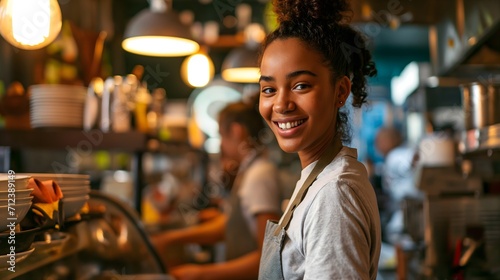 Portrait of a young cashier or saleswoman working in a coffee shop 