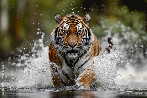 Siberian tiger, Panther Tigris Altaic, low angle photo direct face view, running in the water directly at camera with water splashing around. Attacking predator in action. Tiger in taiga environment