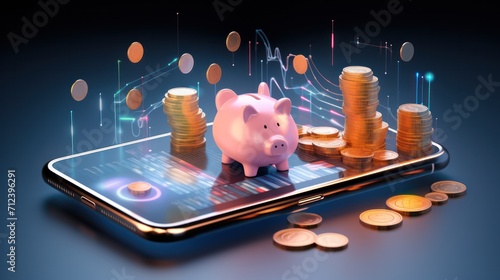 Smart Money and financial, Feature modern technology. smartphone with a savings app and coins, saving and banking concept