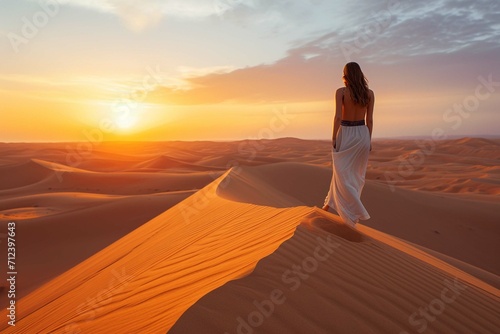 Woman enjoying sunset on a desert dune
