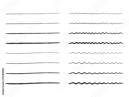 手書きの直線・波線の飾り罫のあしらいセット かわいいおしゃれな罫線 白黒 ベクター Handwritten cute wavy lines and straight lines