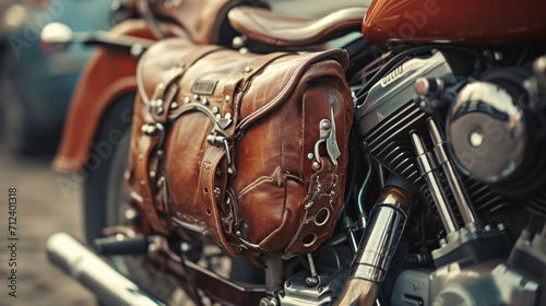 Leather vintage black saddlebags for custom motorbike in the side back to keep the luggage to go.