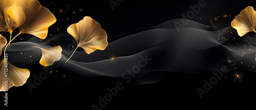 Background with gold and black branches, A black with gold leaves.Golden and black twig with leaves.Elegant seamless pattern of golden and gray ginkgo leaves in chalk paint design on black background.