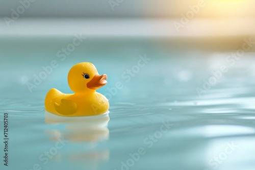 Yellow rubber duck floating on the water of the bathtub