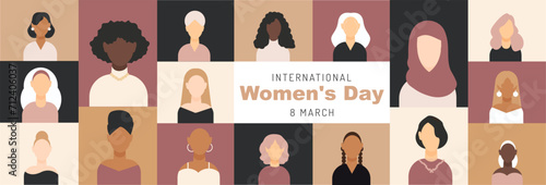 Happy Women's Day banner with women of different nationalities and cultures. Strong and brave girls support each other. Sisterhood and female friendship, March 8. Vector banner.