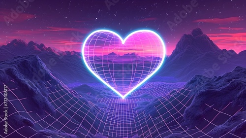 Heart with neon light, pink blue sky, Neon lighting love shape.Valentine's Day banner, poster, and postcard design