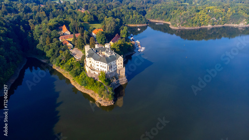 Aerial view of Orlik castle over Orlik reservoir. Beautiful gothic landmark over the lake. Orlik nad Vltavou, South Bohemia, Czech republic.