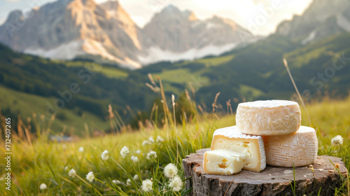 Cheese collection, wooden board with French cheeses comte, beaufort, abondance, emmental, morbier and french mountains on background
