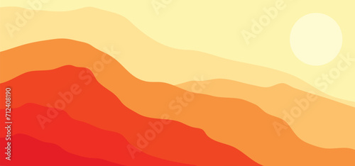 Abstract summer orange and yellow landscape illustrations. Mountains, sun, moon, sunset, desert, hills minimalist design. Trendy mid century art, boho home decor, wall art. wide art landscape design 