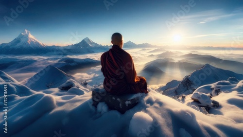 monk meditating amidst misty mountains at sunrise