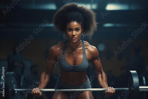 Barbell deadlift hands, strong fitness and power of black woman, athlete and bodybuilder in gym, sports workout and exercise. Closeup floor start, healthy muscle training and heavy challenge lifting 
