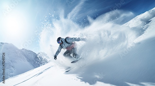 Snowboarder on the freeride slope. downhill with snowboards in fresh snow. Vacation concept. Extreme winter sport