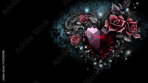 Glass gothic heart with roses and diamonds on black background, place for text. Valentines Day wallpaper.