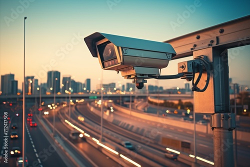 Urban Security System. Detailed Close-up of Surveillance Camera Monitoring City Streets