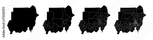 Set of isolated Sudan maps with regions. Isolated borders, departments, municipalities.