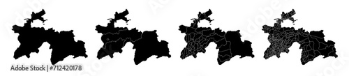 Set of isolated Tajikistan maps with regions. Isolated borders, departments, municipalities.