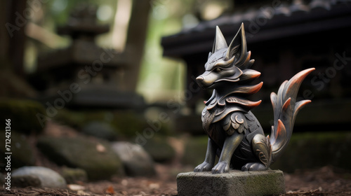 Metal figurine of fox from Japanese folklore against background of stones and forest.