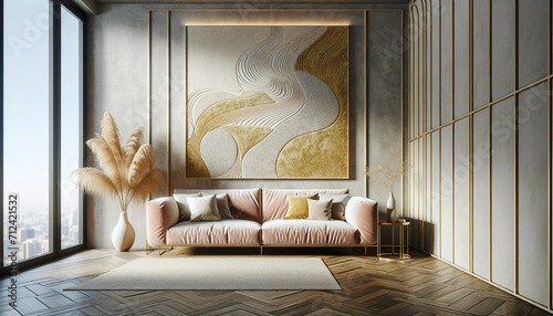 Pastel sofa in room with abstract walls. Scandinavian home interior design of modern living room. Stylish apartment with beige and gold rattan decor. Generative AI