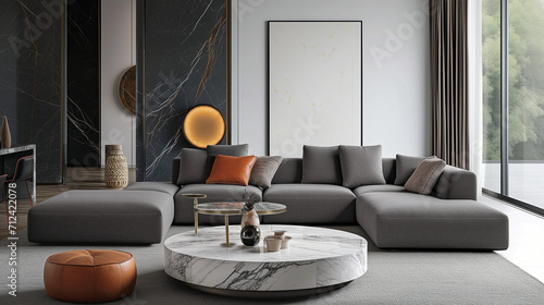  Gray fabric sofa and marble stone coffee table. Hollywood regency style interior design of modern living room