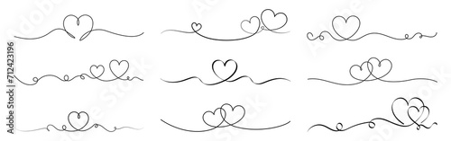 Heart borders set. Continuous line art hearts. Heart banner or divider for Valentine's Day or Mother's Day