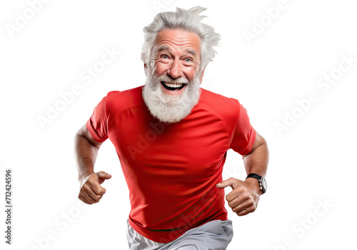 Happy elderly man jogging, cut out