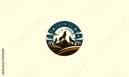 three wolves roar over the hill in the middle of the night vector logo