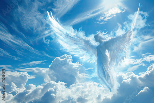 Angel spirit in blue sky with clouds. Generative AI