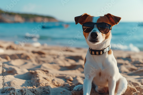 jack russell terrier on the beach wearing a sunglasses