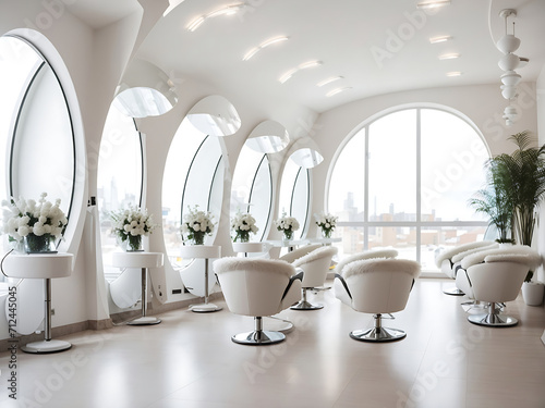 White beauty salon with chairs in rows and round mirror, panoramic window design.