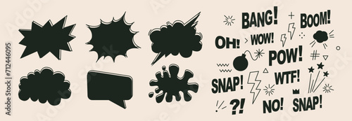 A pack of speech bubbles. Comic text sound effects set. Banner, poster, sticker concept. Expression funny style text Boom, Pow, Bang, Wow. Explosion. Vector cartoon messages. Abstract pop art style