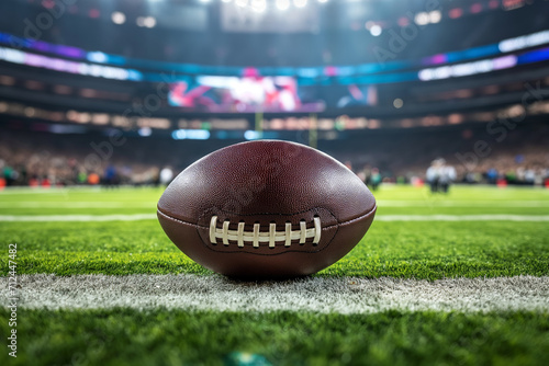Game Day Essence. Close-up of an American football on the lush field with stadium lights looming in the background, capturing the spirit of Super Bowl Sunday