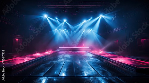 Background Large empty stage for shows with neon lighting and haze