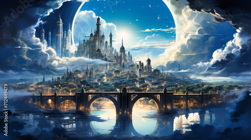 Fantasy Skyline Enigma: Architectural Marvels and Surreal Landscape in a Panoramic Illustration of an Imagined City