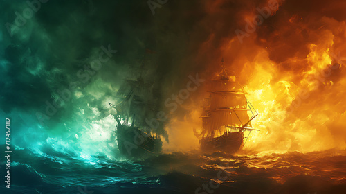 hot vs cold, two pirates ships fight in ocean , fire and smoke Soaring to the sky, Rough sea