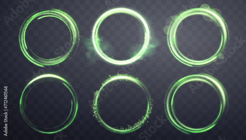 Glowing green magic rings. Neon realistic energy flare halo rings. Abstract light effect on a dark transparent background. Vector illustration.