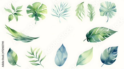 Watercolor Painting of Green Leaves and Ecological Symbols for Eco-Friendly Concepts