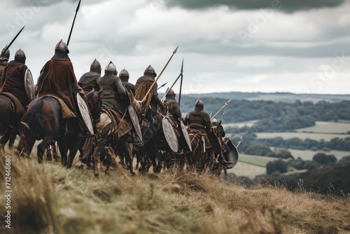 Norman Victory: An Iconic Scene from the Battle of Hastings - William the Conqueror's Invasion of England. Norman Knights Charge Uphill, Securing Victory against Anglo-Saxon Defenders in the Overcast 