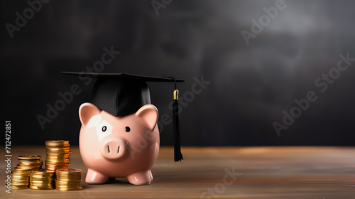 Black graduation hat on a piggy bank, with gold coins on the background of a black school board with copy space. Saving money for education or scholarship. back to school.