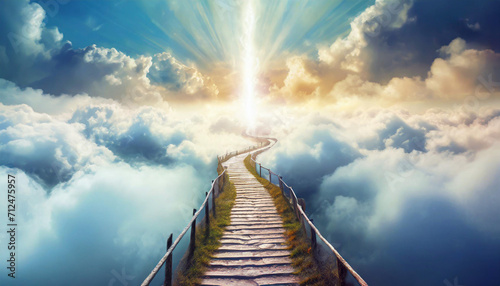 Concept of a path winding through the clouds, ending at a brilliant light in the distance. It symbolizes heaven, afterlife, a near-death experience, or simply the path to a goal and bright future