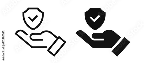 Insurance hand line and flat icon set. Shield with checkmark on hand symbol. Protection icon. Vector