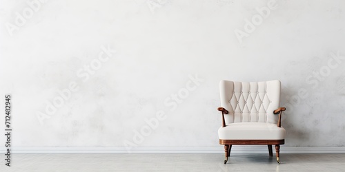 A single vintage armchair by a white wall and floor, with empty space.