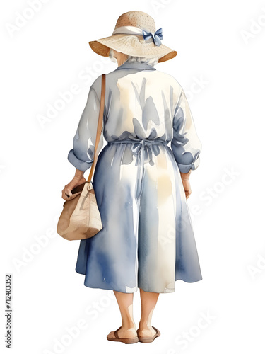 watercolor style, Back view of a old women in tourist clothing isolated on white background. ai generative