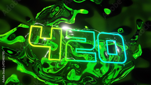 Electric Alchemy, Psychedelic Haze: Groovy metal threads entwine a blazing neon "420," pulsating against a trippy dark green canvas. Dive into this electrifying 420 dreamscape