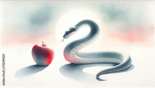 The original sin. Digital painting of an apple and a snake on a white background
