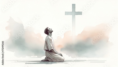 Young man kneeling and looking at the cross. Digital watercolor painting.