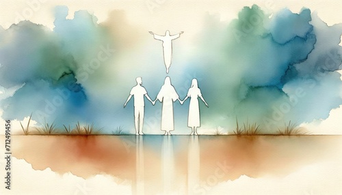  People holding hands and looking at Jesus Christ in the sky. Digital watercolor painting. 