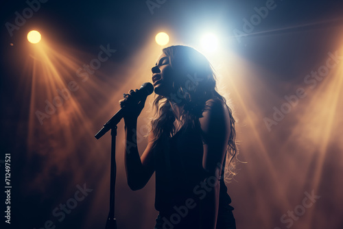 female singer on stage at concert or maybe professional speaker or motivator with microphone generative ai