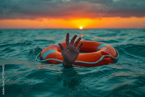 Rescue buoy and drowning hand, concept of helping